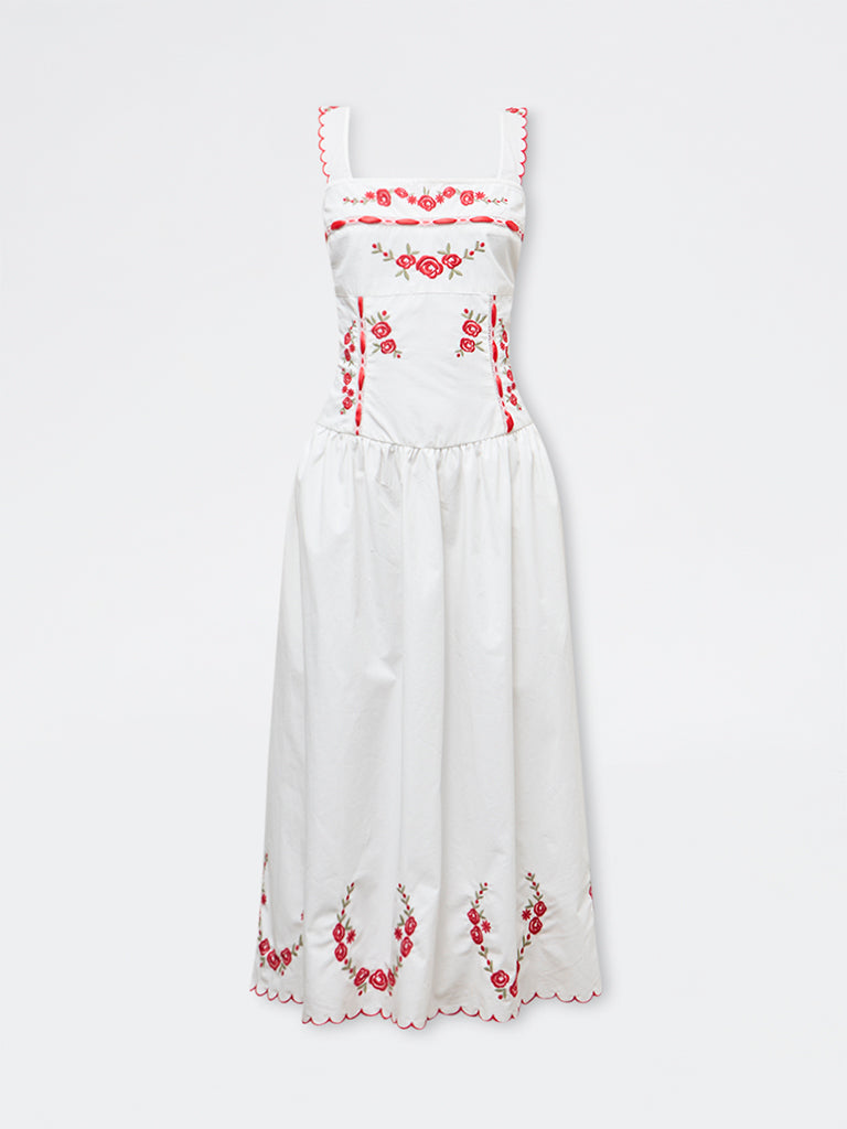 LOV White Floral Embroidered Cotton A-Line Dress