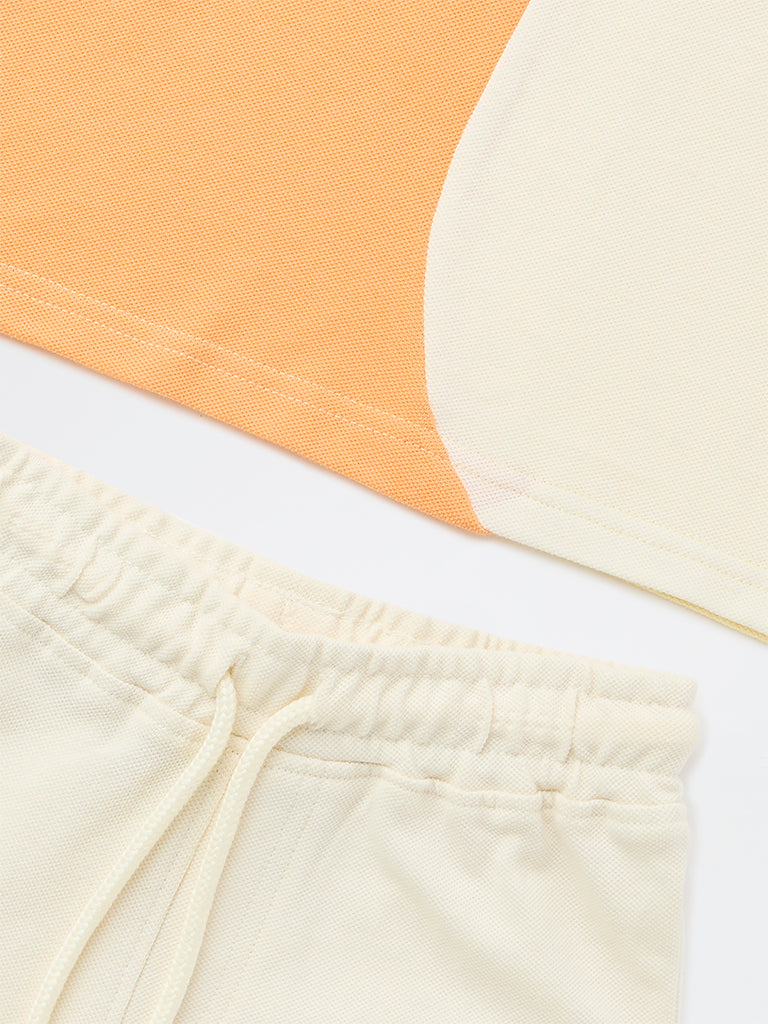 HOP Kids Boys Orange Colour-Blocked Cotton T-Shirt and Shorts Set