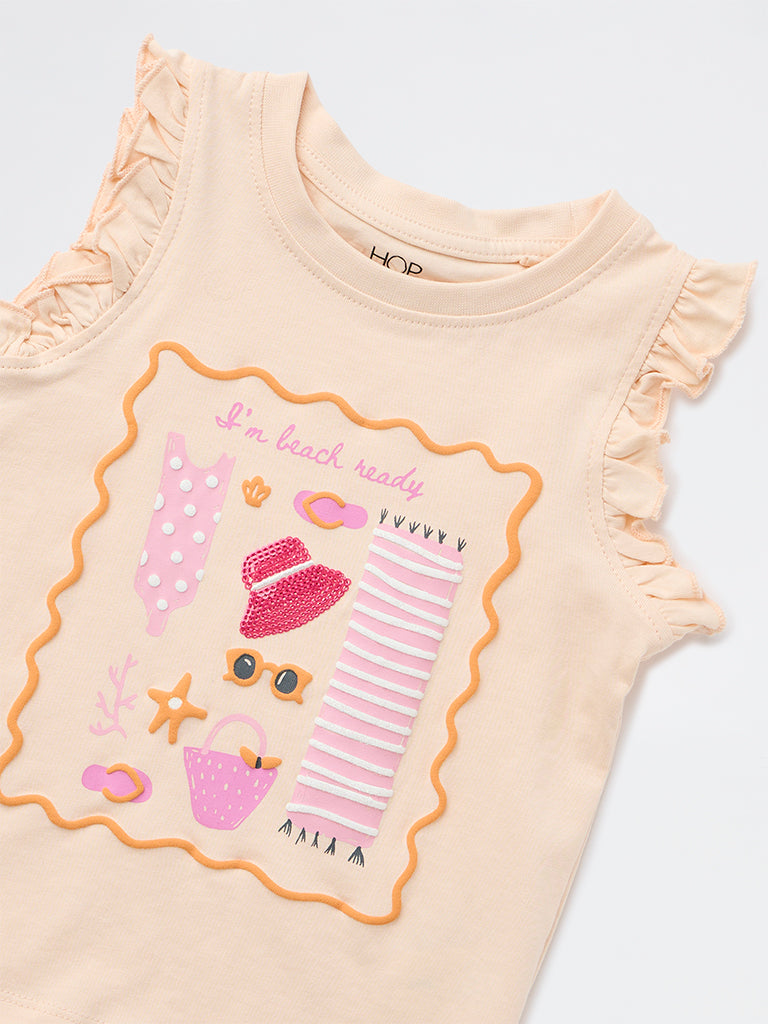 HOP Kids Girls Light Peach Printed Cotton Top