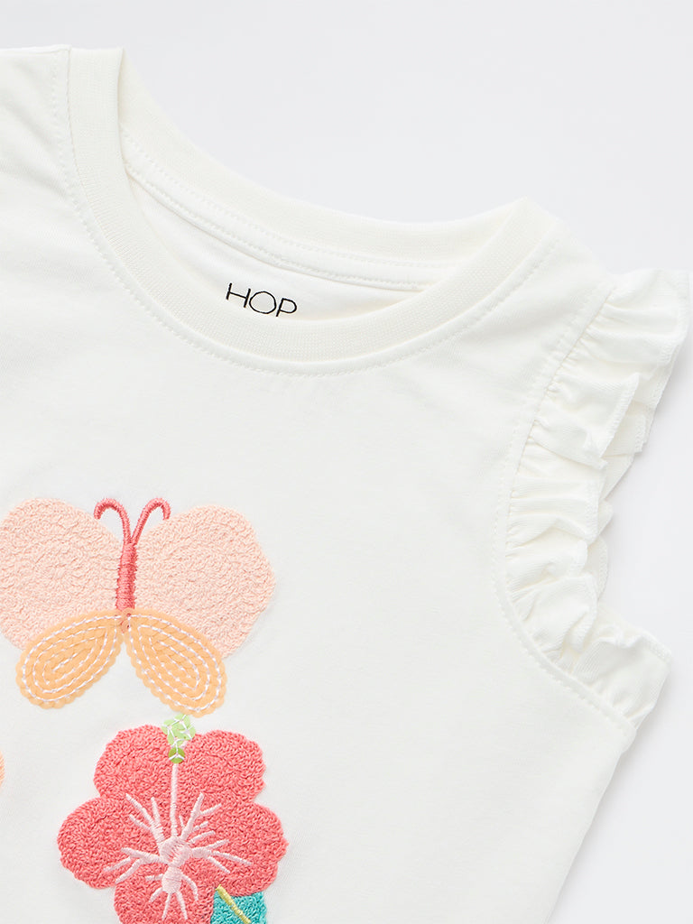 HOP Kids Girls Off White Embroidered Cotton Top
