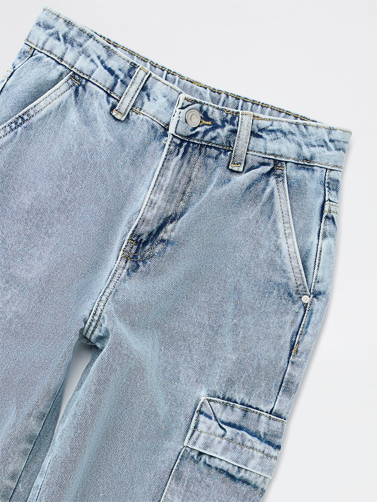 Boys Light Blue Washed Cargo Jeans