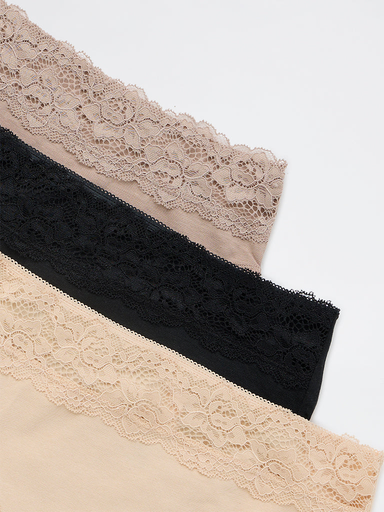 Wunderlove 3-Pack Lace Detailed Hi-Leg Cotton-Blend Briefs