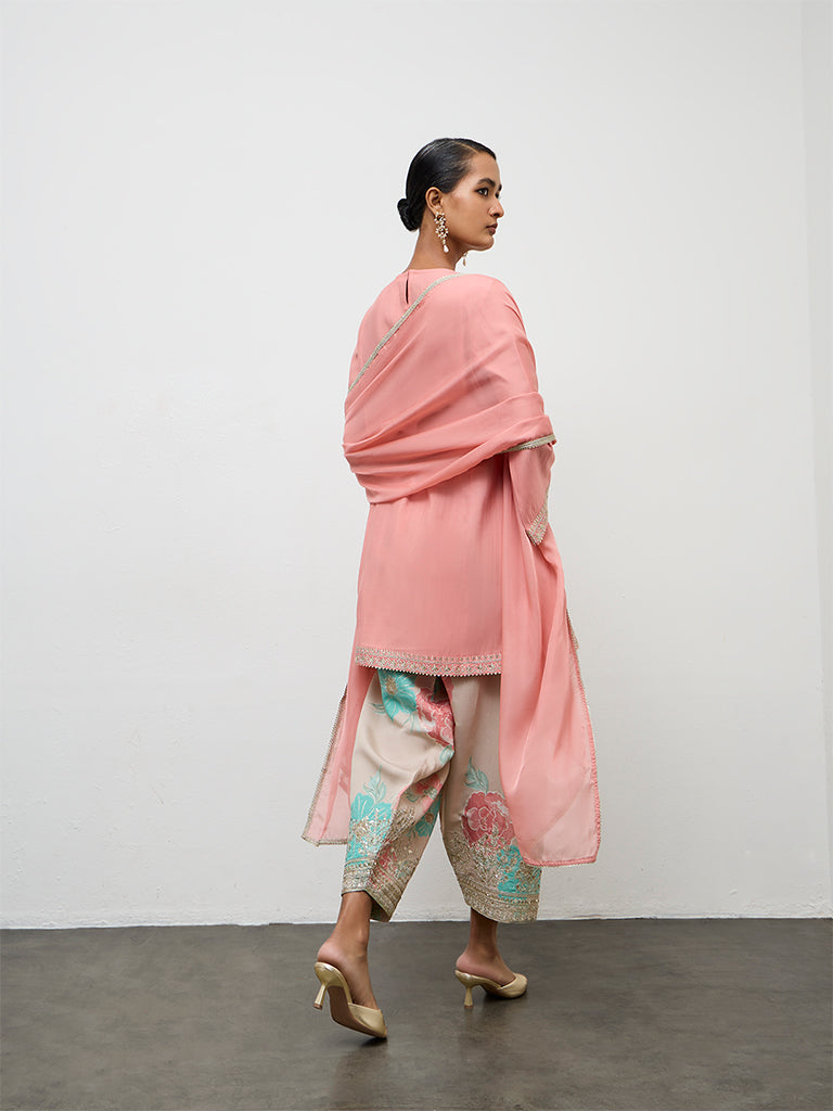 Vark Peach Floral Printed A-Line Ethnic Set