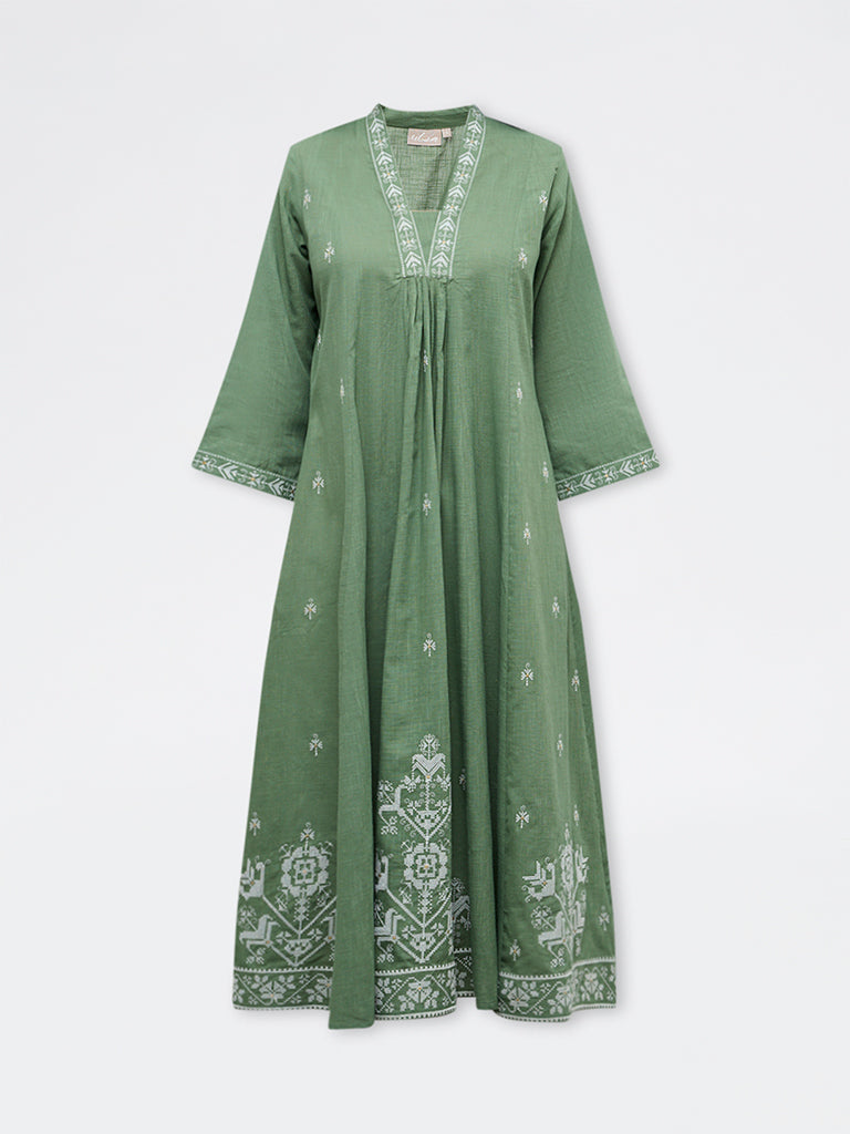 Utsa Green Embroidered Anarkali Cotton Kurta