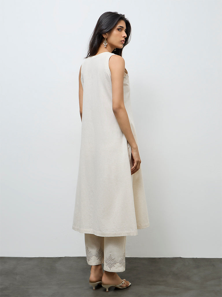 Utsa Off-White Embroidered Cotton-Blend A-Line Kurta