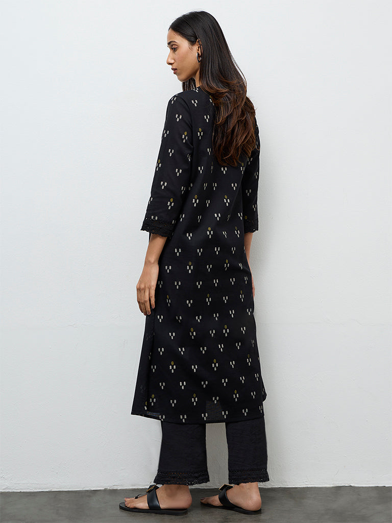 Utsa Black Ikkat Design Cotton-Blend A-Line Kurta