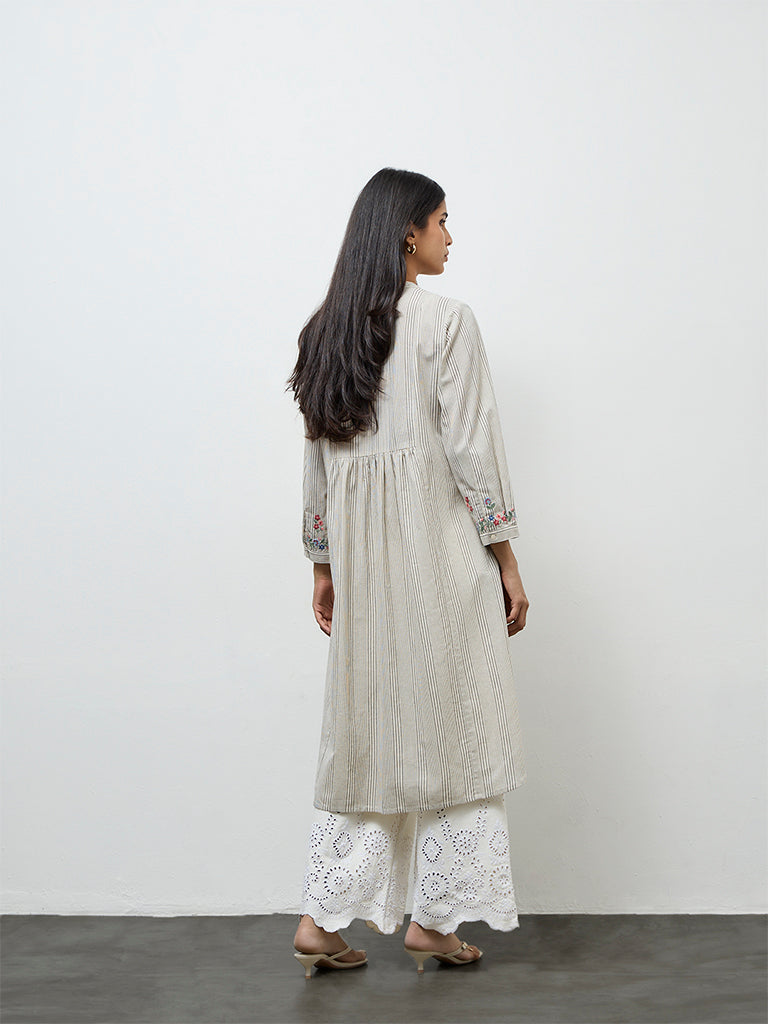 Utsa Off-White Striped Cotton-Blend A-Line Kurta