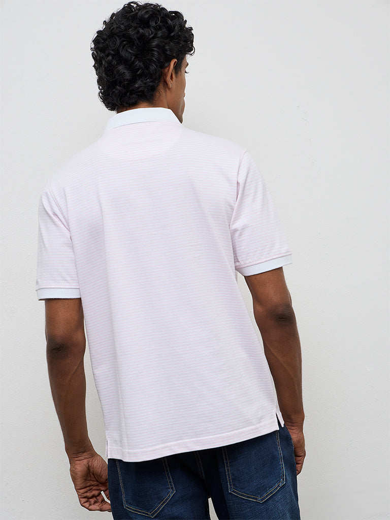 WES Casuals Pink Striped Relaxed-Fit Polo Cotton-Blend T-Shirt