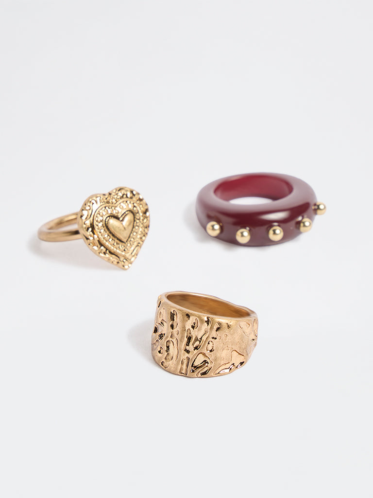 Westside Accessories Gold and Burgundy Statement Rings - Pack of 3