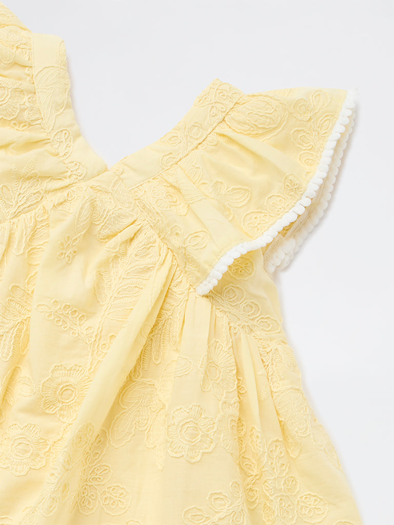 HOP Baby Girls Yellow Embroidered A-Line Cotton Dress