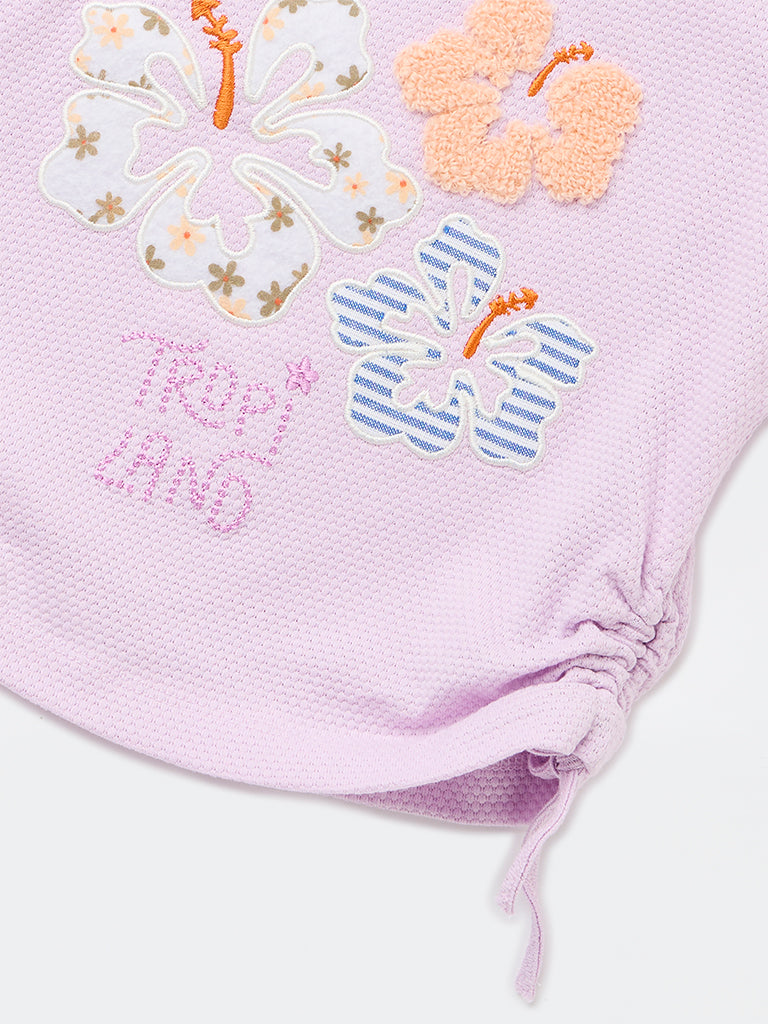 HOP Kids Girls Lilac Floral Embroidered Cotton Top