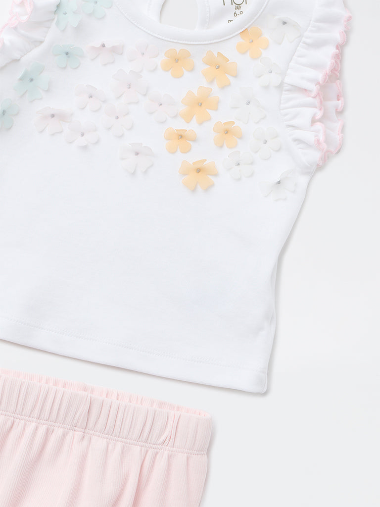 HOP Baby Girls White Floral Applique Detailed Cotton Top and Pants Set