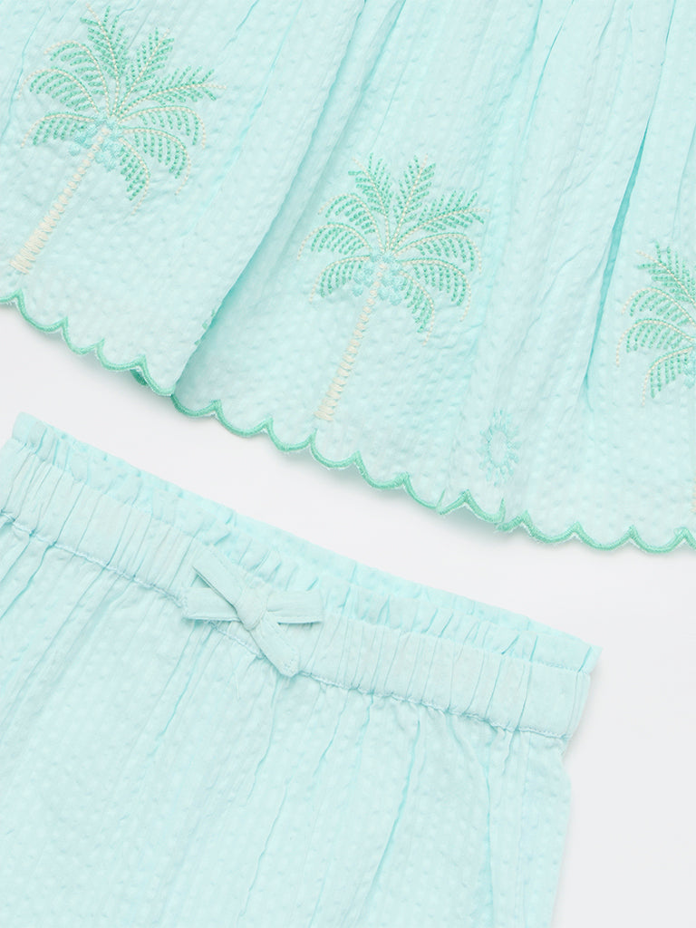 HOP Baby Girls Mint Floral Embroidered Cotton Top and Shorts Set