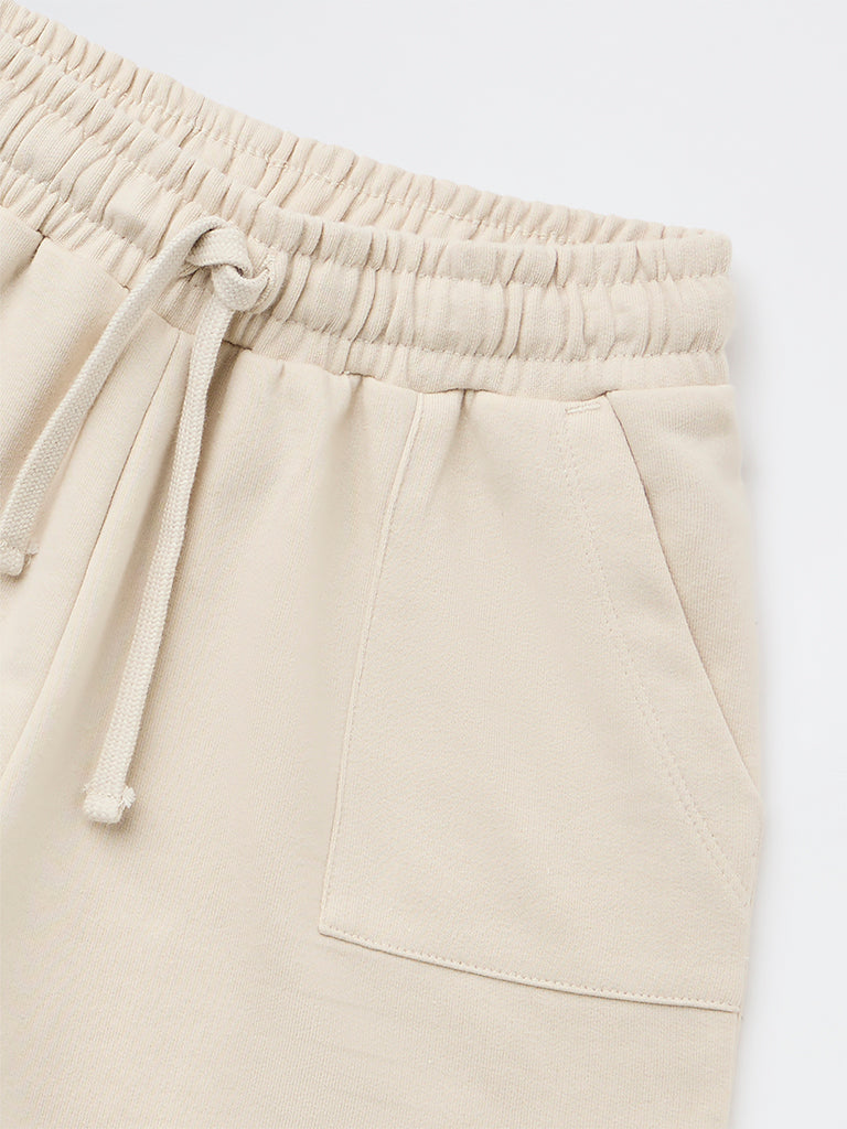 Girls Beige Solid High-Rise Cotton-Blend Shorts