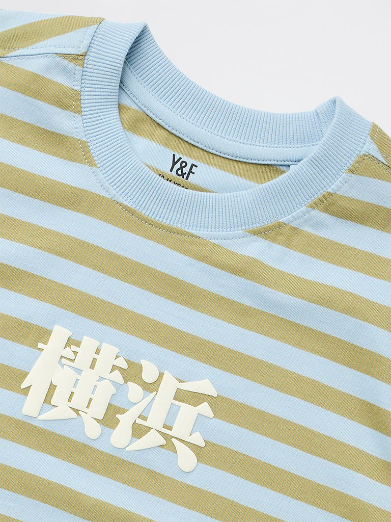 Boys Green Striped Cotton T-Shirt