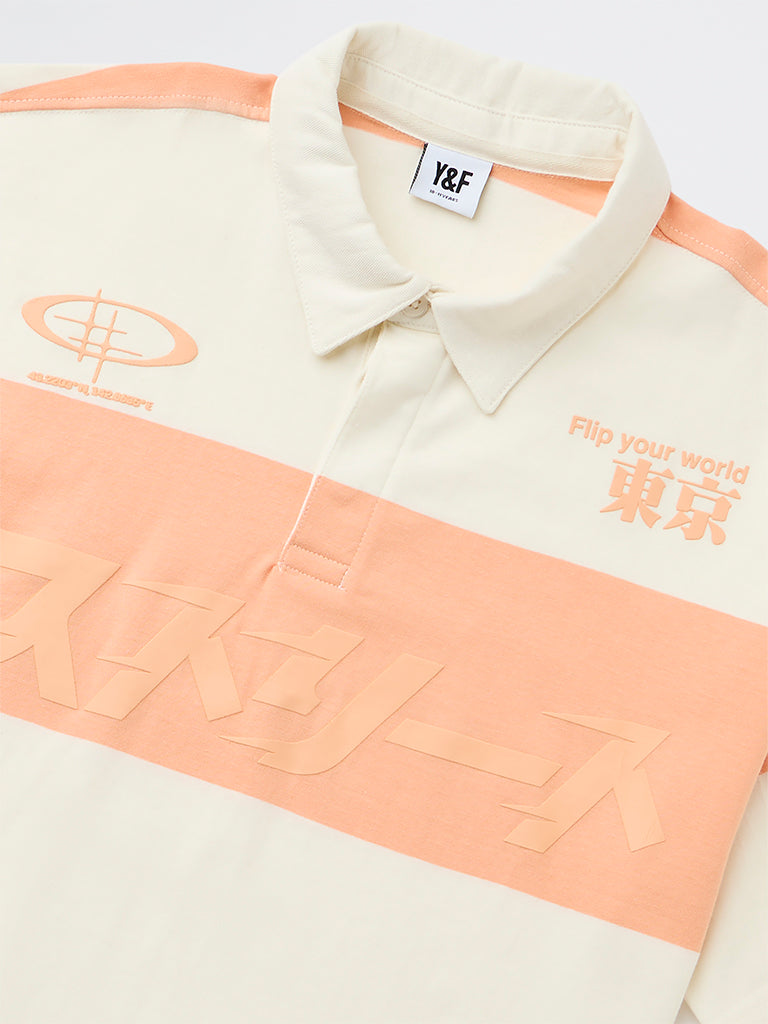Boys Orange Colour-Blocked Cotton Polo T-Shirt