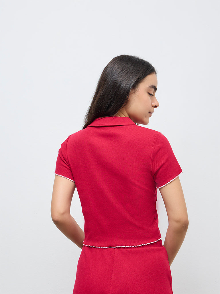 Superstar Red Ribbed Cotton-Blend Top