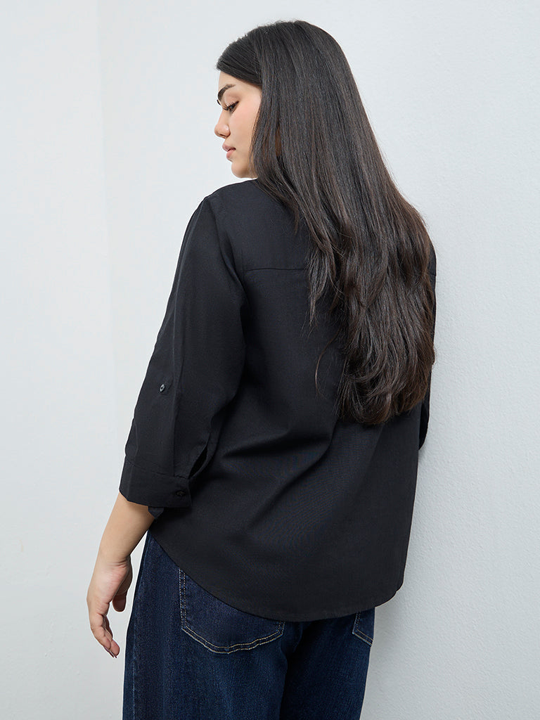 Gia Black Solid Cotton-Blend Blouse