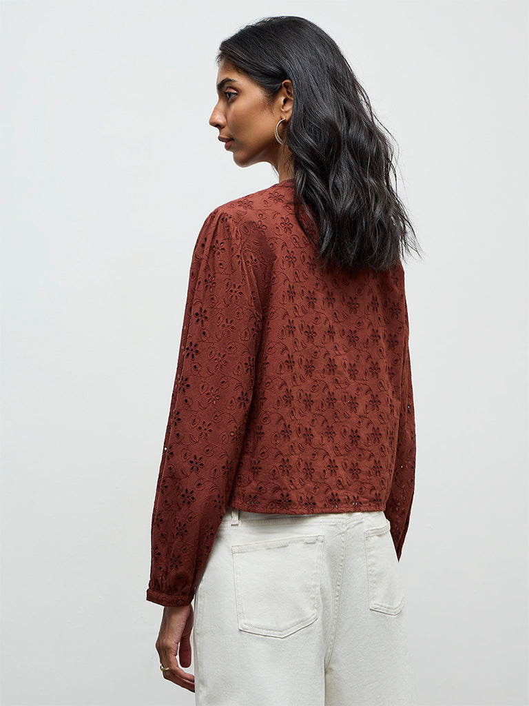 LOV Rust Schiffli-Detailed Cotton Blouse