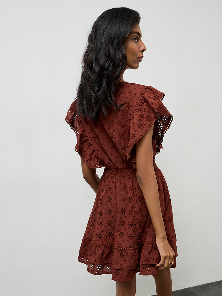 LOV Brown Schiffli-Detailed A-Line Dress
