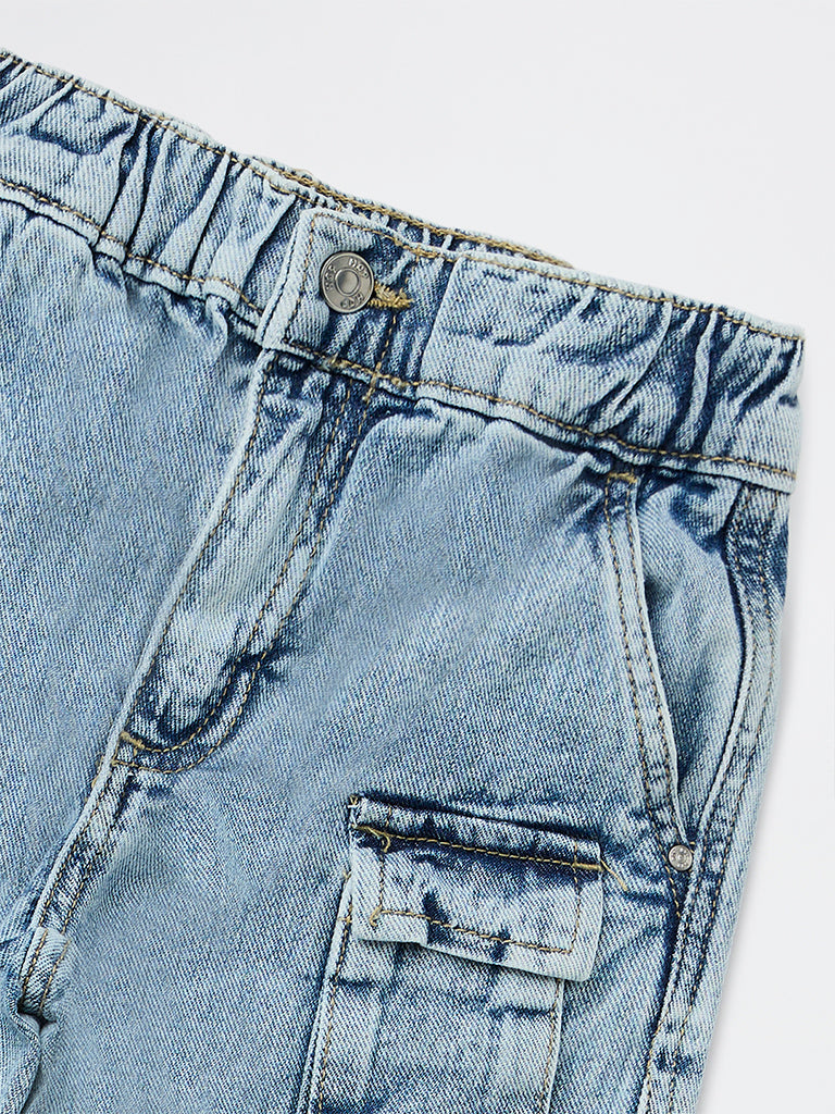 HOP Kids Boys Light Blue Washed Mid-Rise Cargo Jeans