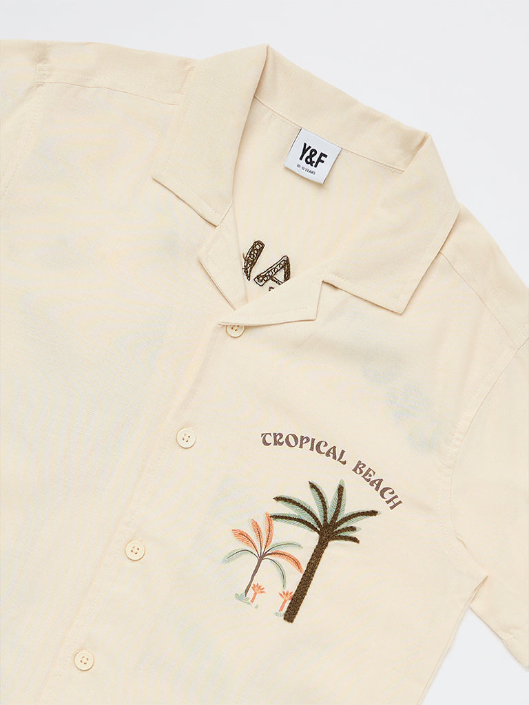 Boys Beige Tropical Printed Shirt