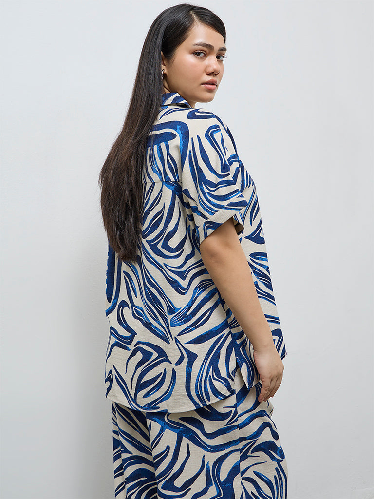Gia Navy Abstract Design Linen-Blend Blouse
