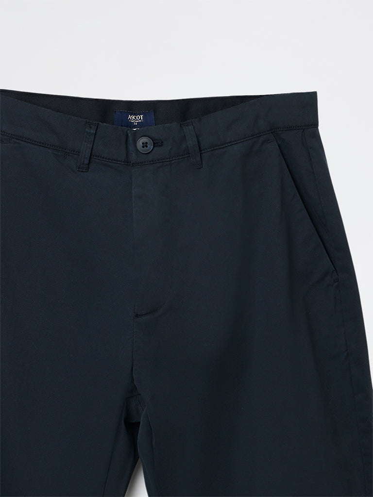 Ascot Navy Relaxed-Fit Mid-Rise Cotton-Blend Trousers