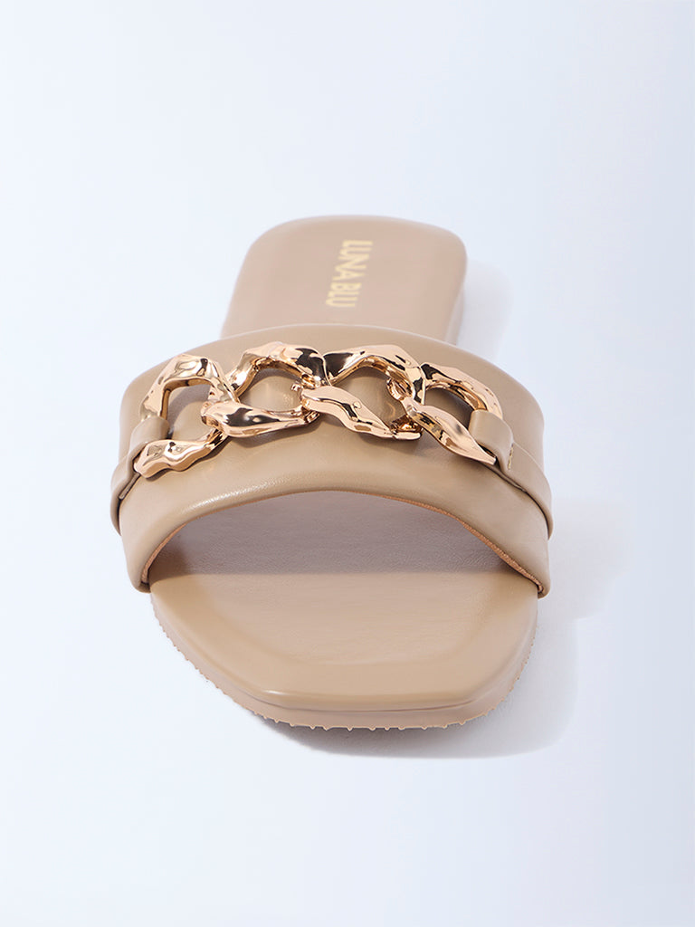 LUNA BLU Taupe Metal Chain-Detailed Slides