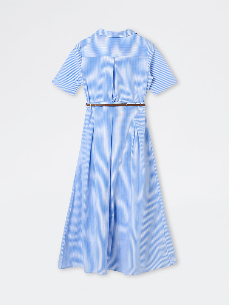 Wardrobe Blue Striped Cotton A-Line Dress with Belt