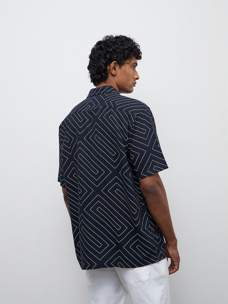 Ascot Navy Geometric Printed Relaxed-Fit Shirt