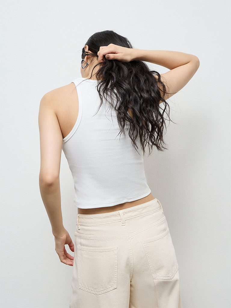 Nuon White Printed Cotton-Blend Top