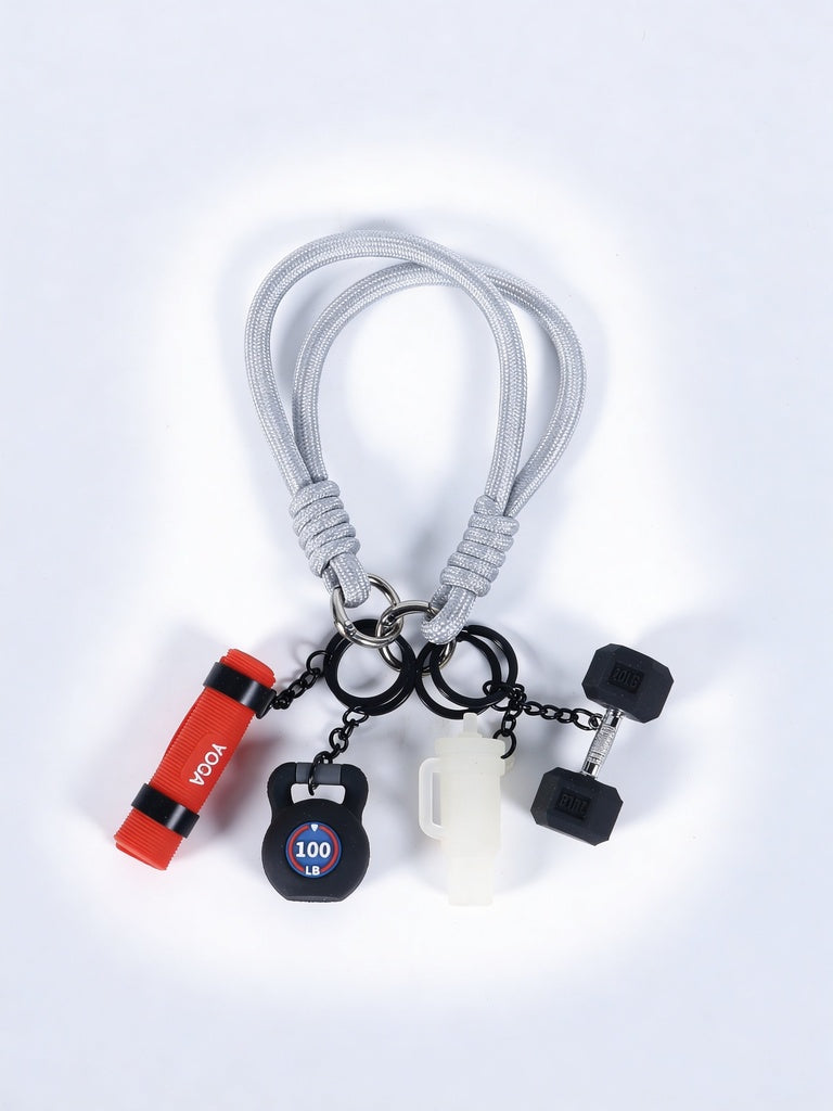 Grey Multi Charm Gym Themed Rope Handle Accessory Keychain