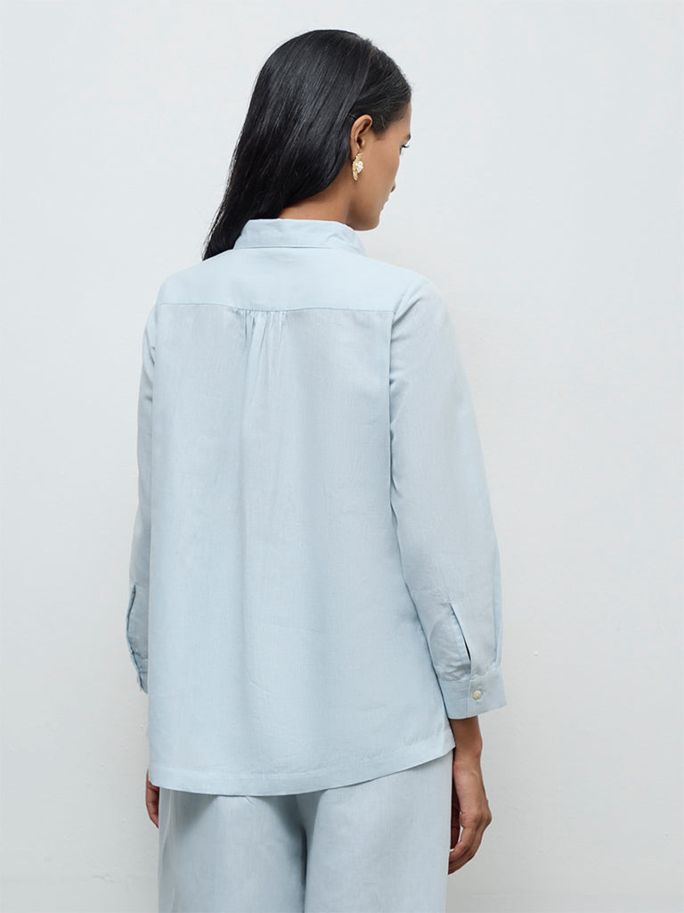 Zuba Powder Light Blue Floral Embroidered Linen Blend Tunic