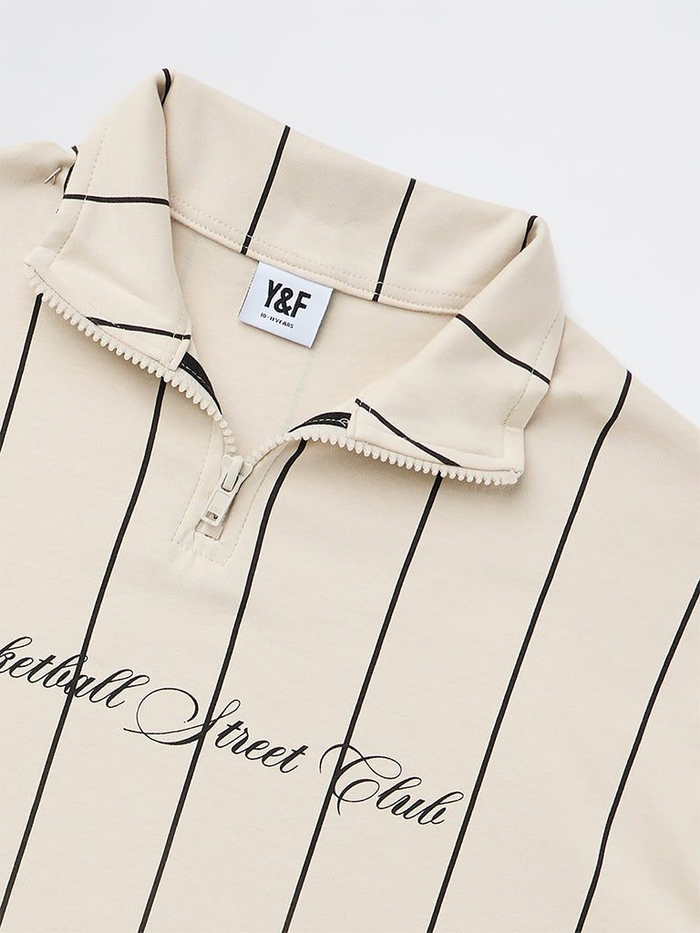 Boys Cream Printed Cotton T-Shirt