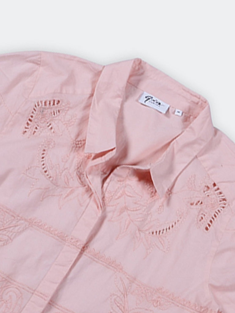 Gia Light Pink Floral Embroidered Cotton Shirt