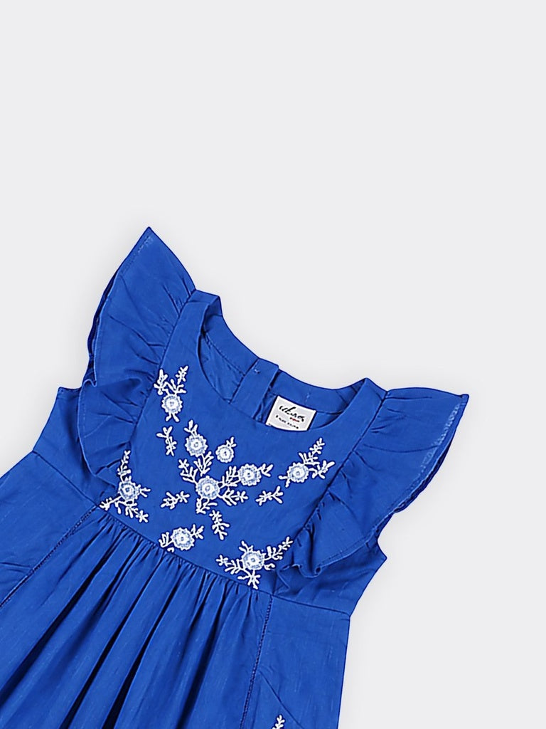 Utsa Kids Girls Blue Floral Embroidered Cotton Flared Dress - (8-14 yrs)