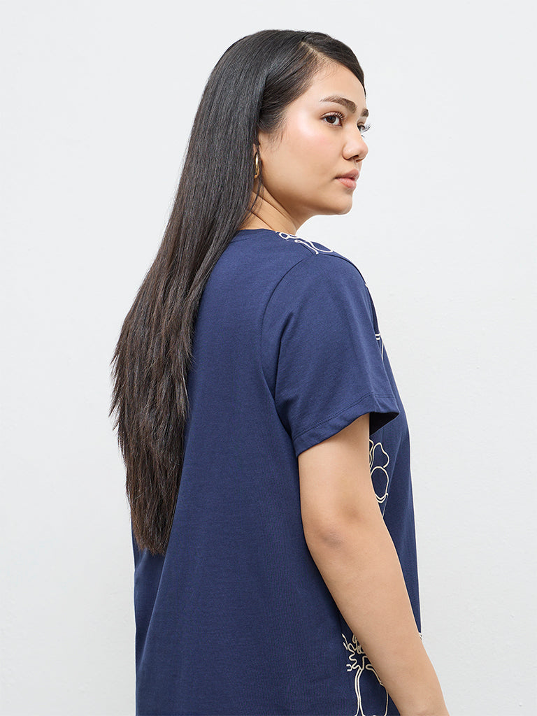 Gia Navy Floral Printed Cotton T-Shirt