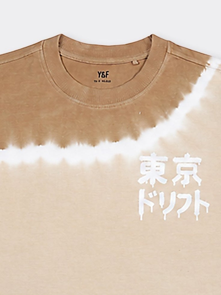 Boys Taupe Tie Dye Tokyo Drift Printed Regular Fit T-Shirt