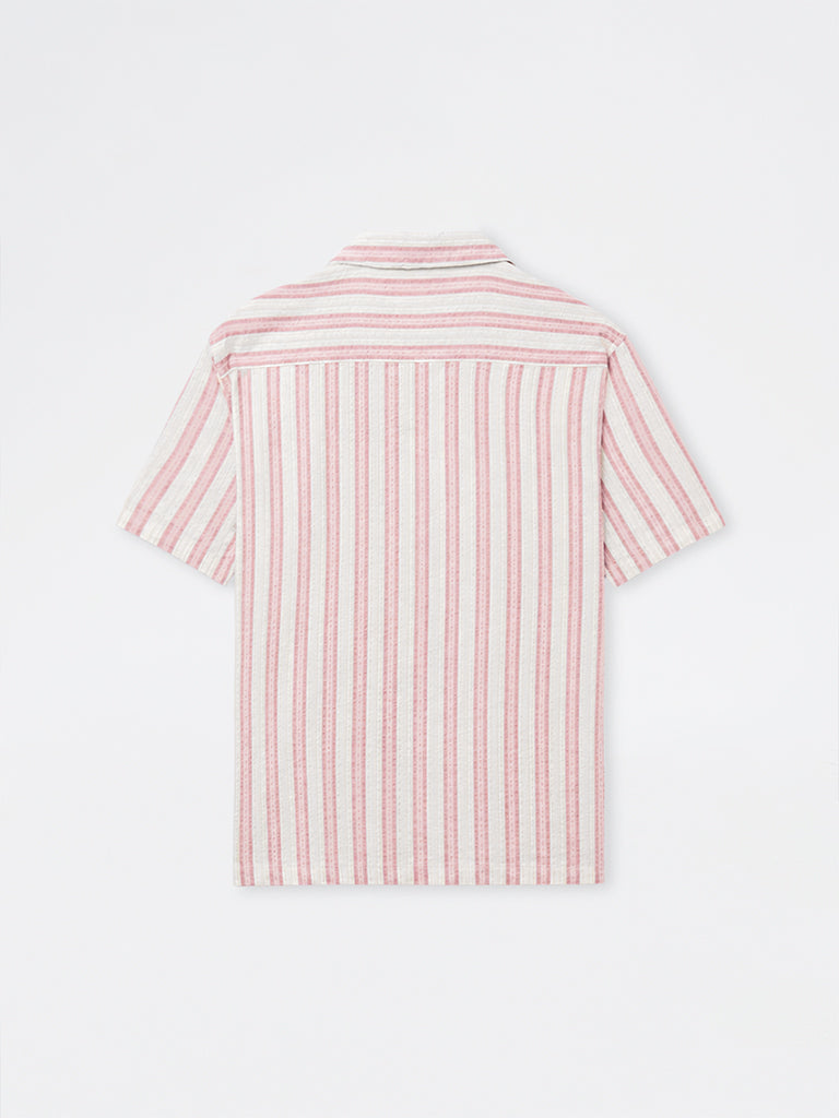 WES Casuals Dusty Pink Striped Relaxed-Fit Cotton Shirt
