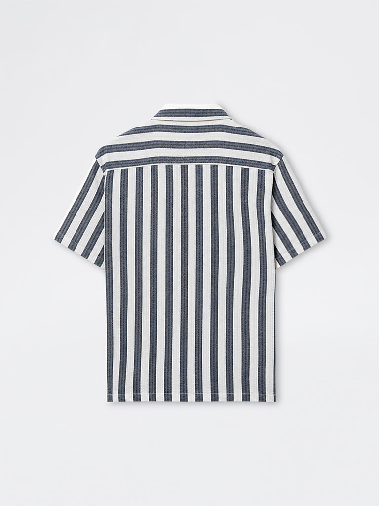 WES Casuals Navy Striped Relaxed-Fit Cotton Shirt