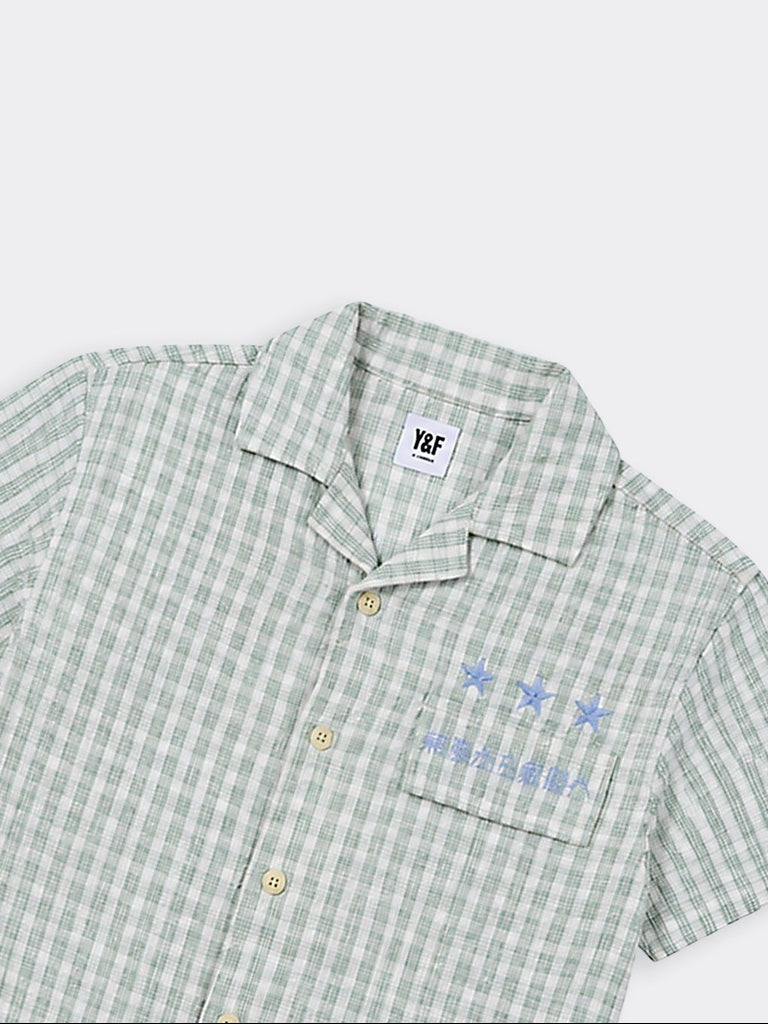 Boys Green Checkered Graphic Printed Cotton Shirt