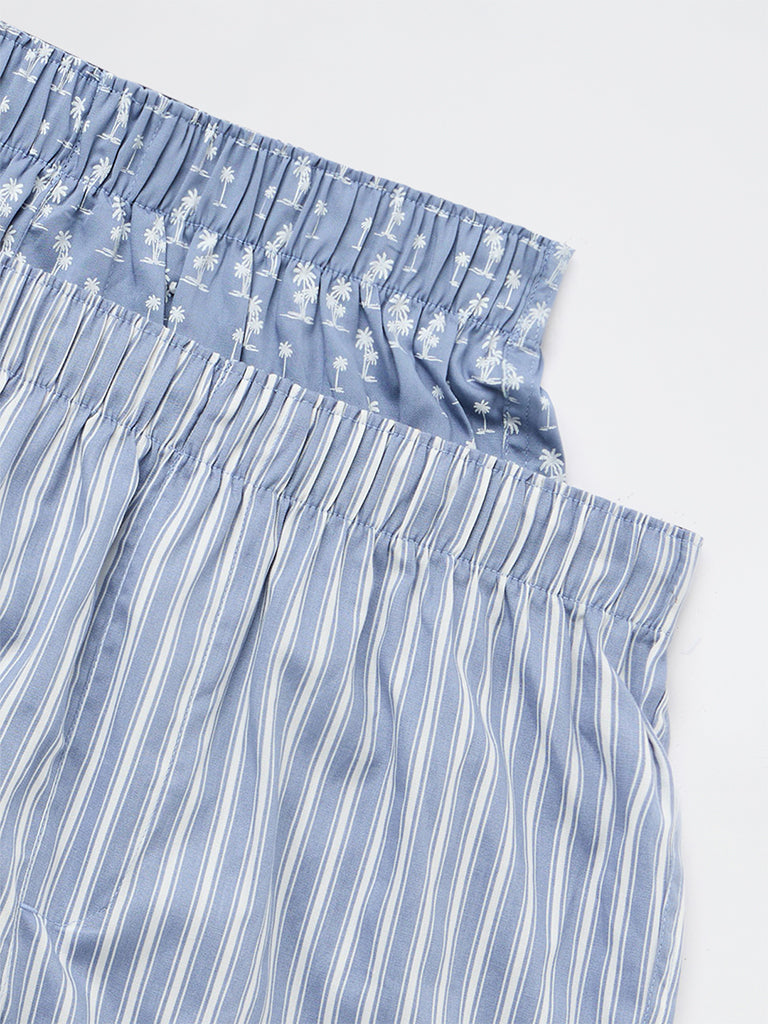 WES Lounge Blue Printed Relaxed-Fit Cotton Boxers - Pack of 2