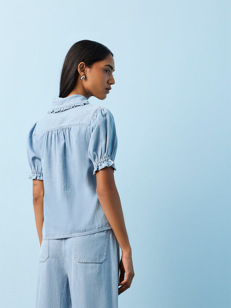 LOV Light Blue Solid Denim Shirt