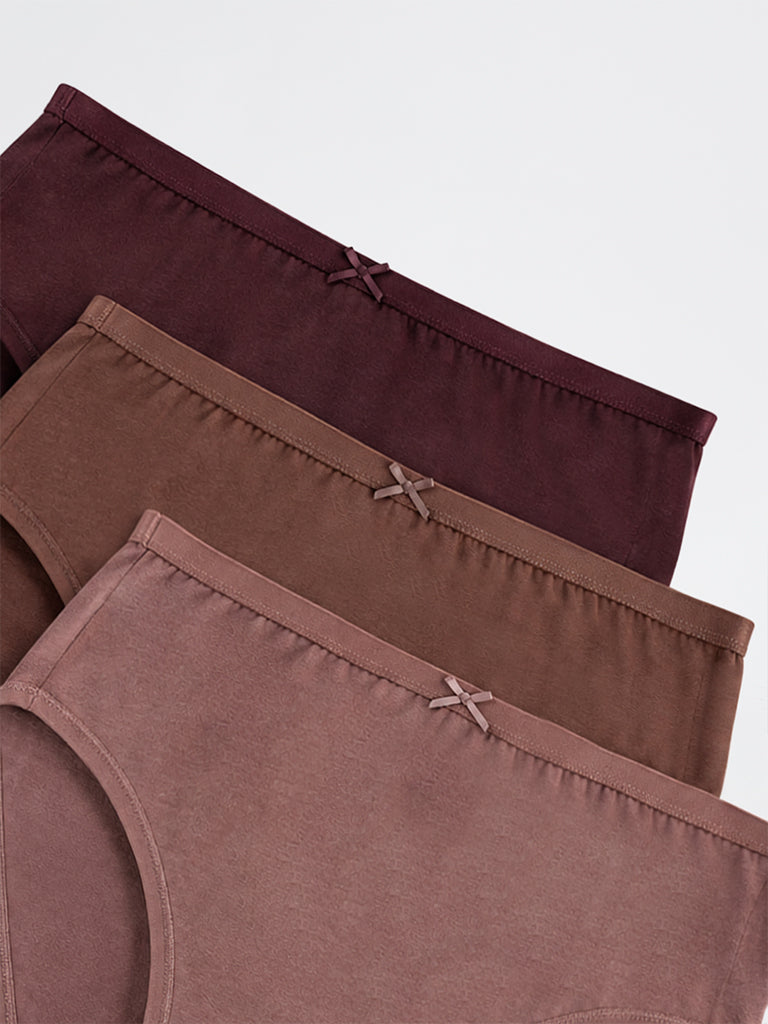 Wunderlove Brown Cotton-Blend Hi-Leg Briefs - Set of 3