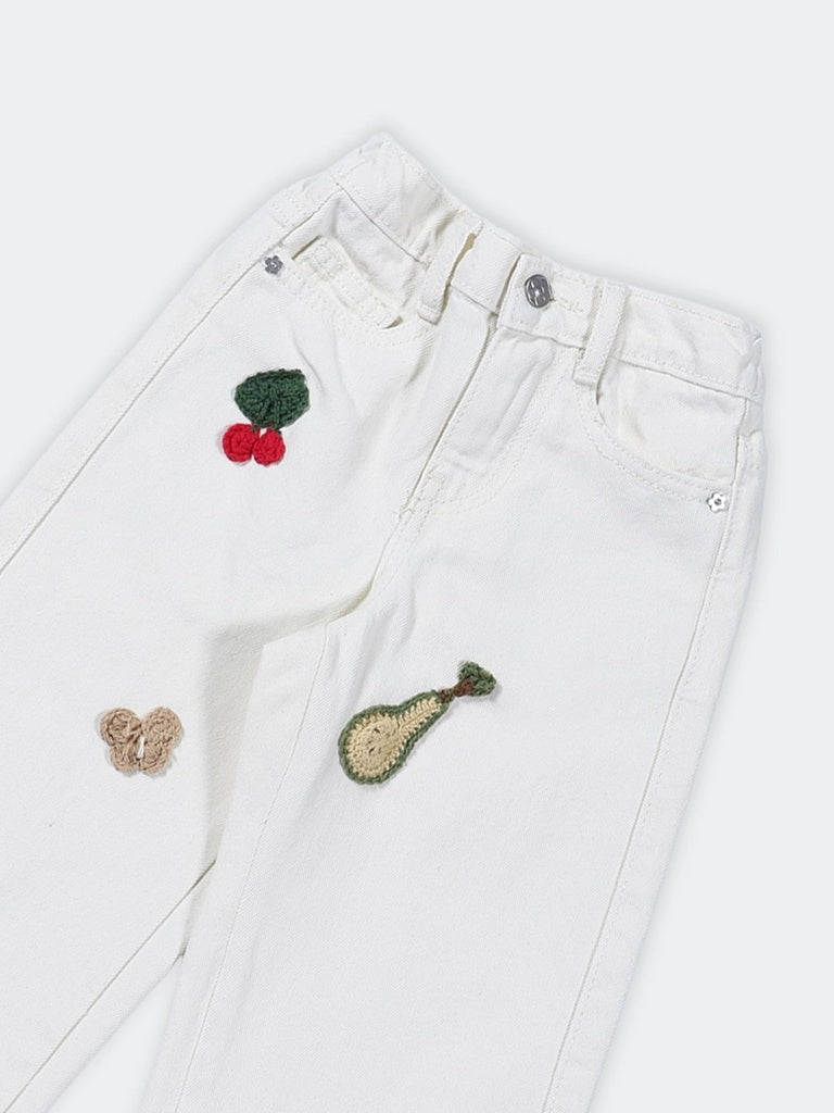 HOP Kids Girls Off-White Fruit Embroidered Wide Leg Jeans
