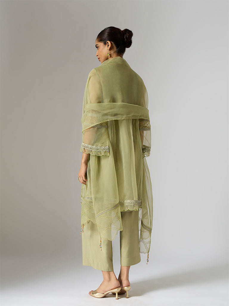 Vark Sage Floral Embroidered A-Line Ethnic Set