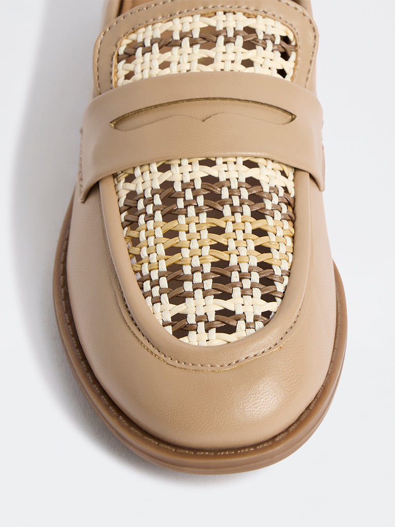 LUNA BLU Beige Rattan Woven Penny Loafers