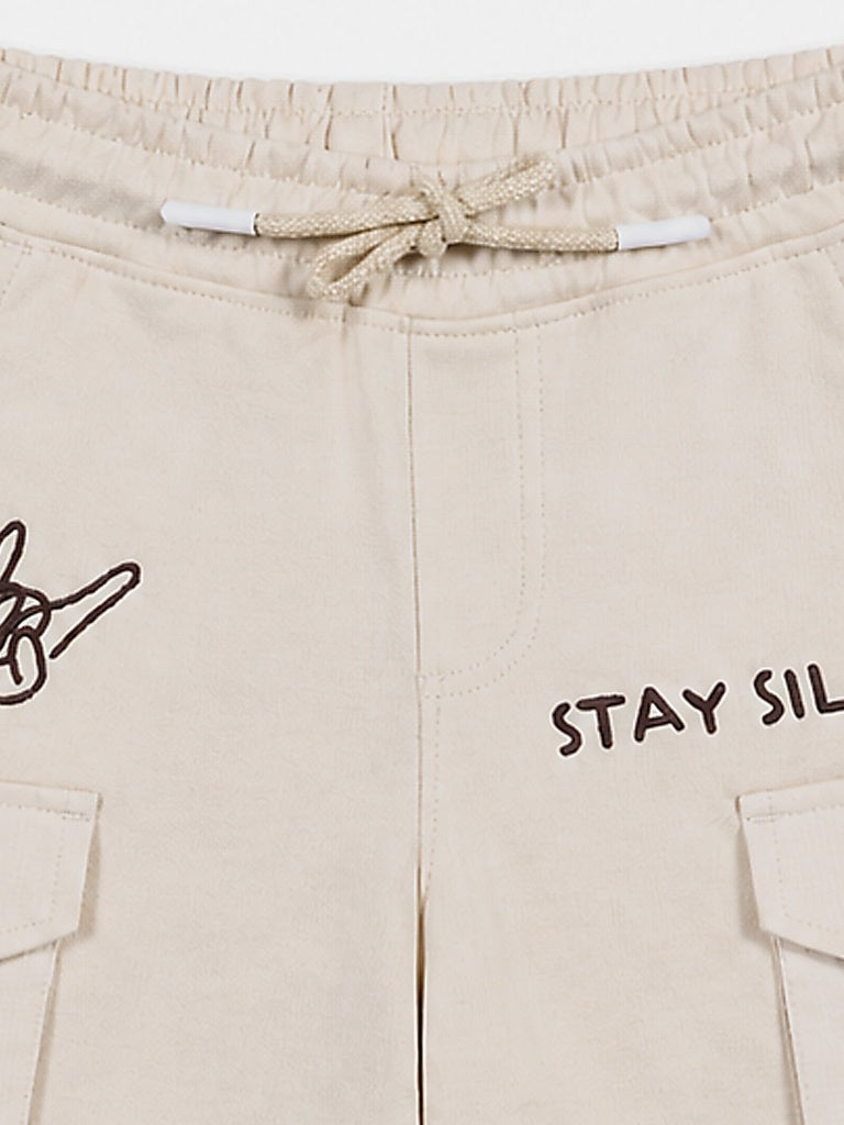HOP Kids Boys Beige Printed Cotton Cargo Shorts