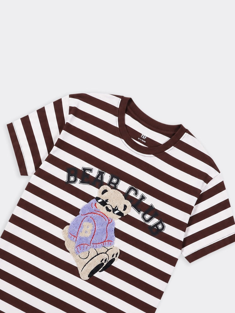 Girls Brown Striped Bear Graphic Cotton T-Shirt